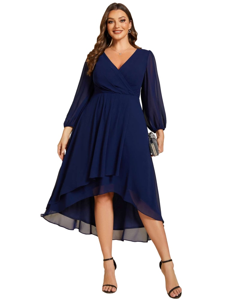 Front of a model wearing a size 26 Long Sleeves Asymmetrical Hem A-Line Midi Wedding Guest Dress in Navy Blue by Ever-Pretty. | dia_product_style_image_id:321706